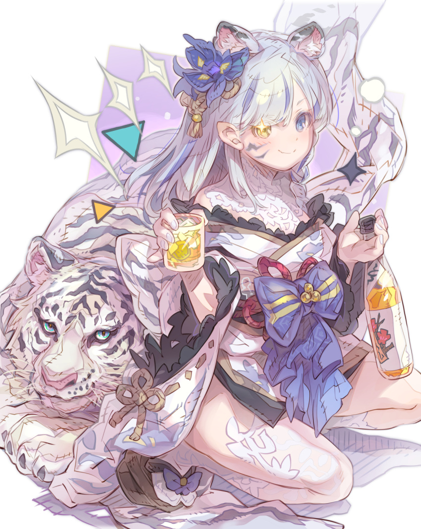 animal animal_ears blue_eyes blue_flower blush bottle brown_footwear closed_mouth commentary_request commission cup drinking_glass female flower grey_hair hair_flower hair_ornament haku_(sabosoda) heterochromia highres holding holding_bottle holding_cup hoonie_friends japanese_clothes kimono long_sleeves looking_at_viewer off_shoulder sandals skeb_commission smile socks solo squatting taiga_torako tiger tiger_ears virtual_youtuber white_kimono white_socks white_tiger wide_sleeves yellow_eyes zouri