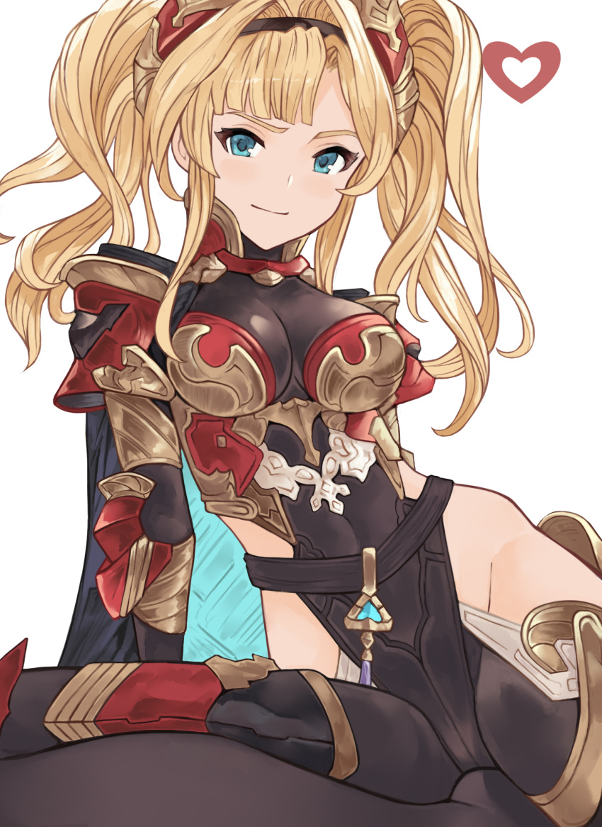 armor blonde_hair blue_eyes blush bodysuit breasts female granblue_fantasy hair_intakes hairband highres hip_vent iiros large_breasts long_hair looking_at_viewer red_armor sidelocks simple_background smile solo thighs twintails watermark white_background zeta_(granblue_fantasy)