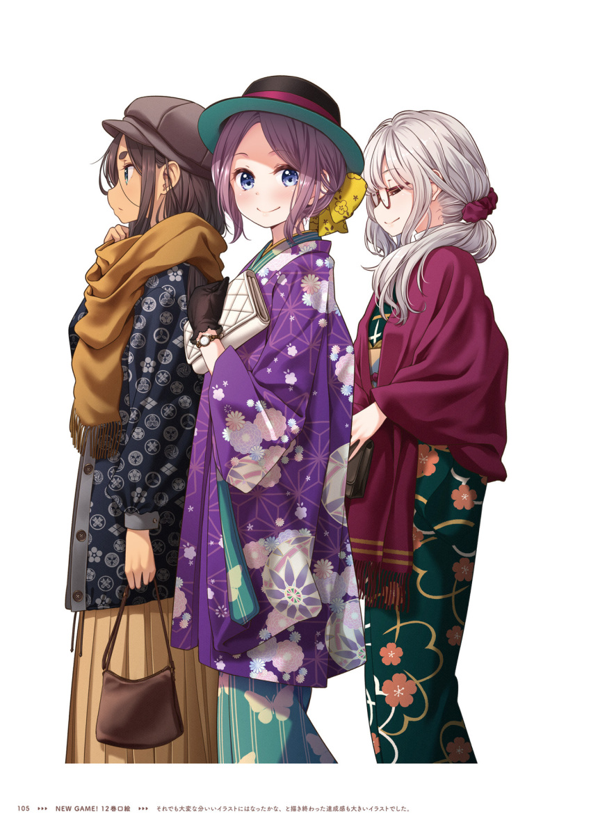 3girls ahagon_umiko bag black_gloves blue_eyes blue_kimono brown_hair brown_hakama brown_headwear brown_scarf closed_eyes closed_mouth copyright_name from_side glasses gloves green_kimono hair_ornament hair_over_shoulder hair_scrunchie hakama hakama_skirt handbag hat hazuki_shizuku highres holding holding_bag japanese_clothes kimono long_hair long_sleeves looking_at_viewer medium_hair multiple_girls new_game! parted_bangs ponytail purple_hair red_scrunchie sash scarf scrunchie skirt smile tokunou_shoutarou tooyama_rin very_long_hair walking watch white_hair wide_sleeves wristwatch