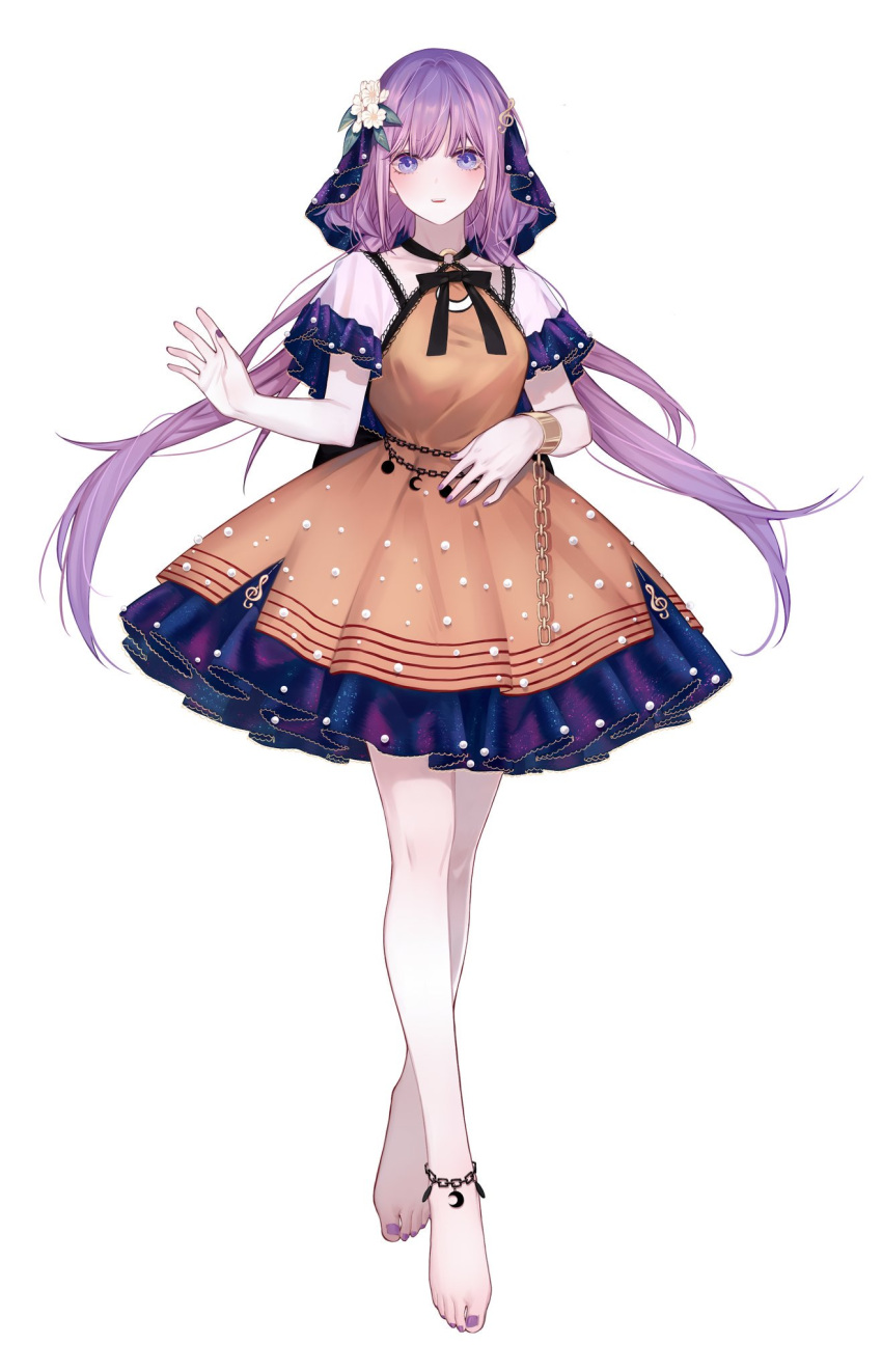 :d barefoot black_bow black_bowtie blush bow bowtie capelet chains commentary cuffs dress female fingernails floating_hair flower frilled_dress frills full_body hair_flower hair_ornament highres houraisan_chouko leaf long_hair looking_at_viewer nail_polish open_mouth purple_eyes purple_hair purple_nails shackles smile solo teeth toenail_polish toenails touhou tsukumo_benben upper_teeth_only veil very_long_hair white_capelet white_flower yellow_dress