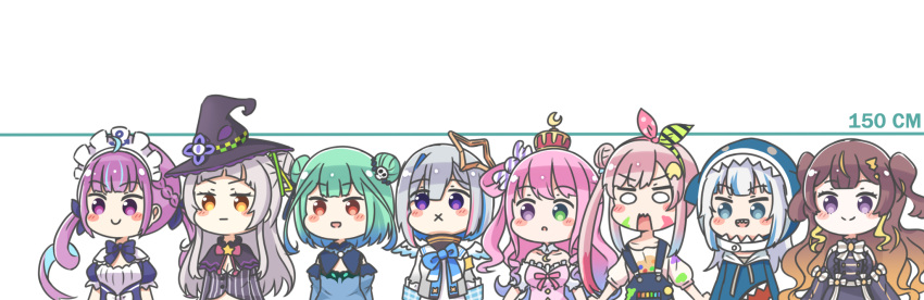 6+girls :d :o :x :| airani_iofifteen amane_kanata amane_kanata_(1st_costume) animal_hood anya_melfissa anya_melfissa_(1st_costume) arched_crown black_capelet black_dress black_headwear blue_bow blue_dress blue_eyes blue_hair blue_hoodie blue_sleeves bow braid breasts brown_eyes brown_hair candy candy_hair_ornament capelet closed_mouth commentary crown detached_sleeves double_bun dress food food-themed_hair_ornament frilled_dress frills gawr_gura gawr_gura_(1st_costume) gradient_hair green_eyes green_hair grey_hair grey_jacket grey_shirt hair_bun hair_ornament hair_ribbon hair_rings hairband hat height_chart heterochromia highres himemori_luna himemori_luna_(1st_costume) hololive hololive_english hololive_indonesia hood hood_up hoodie jacket juliet_sleeves long_hair long_sleeves maid_headdress medium_breasts minato_aqua minato_aqua_(1st_costume) mini_crown multicolored_hair multiple_girls murasaki_shion murasaki_shion_(1st_costume) open_mouth overalls parted_lips pink_dress pink_hair puffy_short_sleeves puffy_sleeves purple_eyes purple_hair red_crown red_eyes ribbon rutorifuki shark_hood sharp_teeth shirt short_sleeves simple_background single_hair_bun single_hair_ring single_side_bun smile strapless strapless_dress striped_clothes striped_shirt teeth trait_connection two-tone_hair two_side_up upper_body uruha_rushia uruha_rushia_(1st_costume) v-shaped_eyebrows vertical-striped_clothes vertical-striped_shirt very_long_hair virtual_youtuber white_background white_shirt witch_hat wrapped_candy