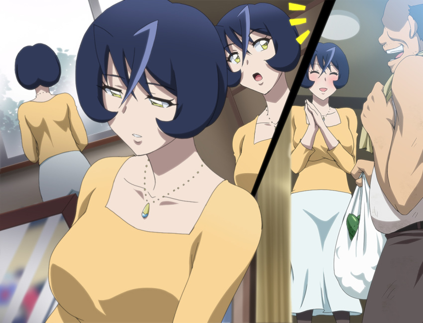 1boy bag blue_hair blush bob_cut breasts cucumber dark_blue_hair faceless faceless_male female grocery_bag hair_between_eyes housewife jewelry makino_tomoyasu mature_female multiple_views necklace open_mouth palms_together pantyhose sexually_suggestive shinkalion_(series) shinkansen_henkei_robo_shinkalion_z shopping_bag skirt smile sweater usui_shirayuki white_skirt yellow_eyes yellow_sweater