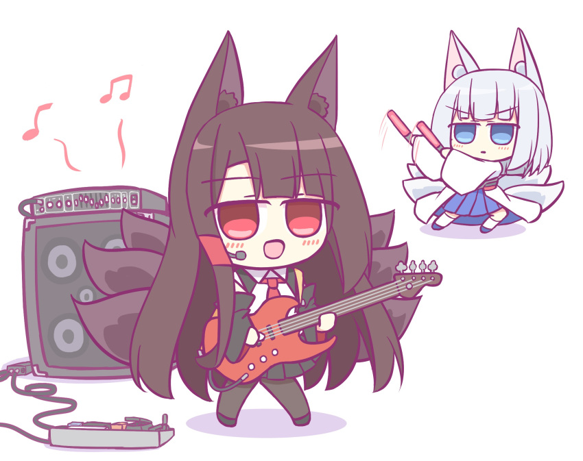 2girls akagi_(azur_lane) akagi_(muse)_(azur_lane) animal_ear_fluff animal_ears azur_lane black_skirt blue_eyes blue_skirt brown_hair cable chibi electric_guitar fox_ears fox_tail glowstick guitar headset highres instrument japanese_clothes kaga_(azur_lane) kashimu kimono kitsune kyuubi long_hair multiple_girls multiple_tails musical_note necktie open_mouth red_eyes red_necktie shirt short_hair simple_background skirt skirt_under_kimono speaker tail white_background white_hair white_kimono white_shirt white_tail