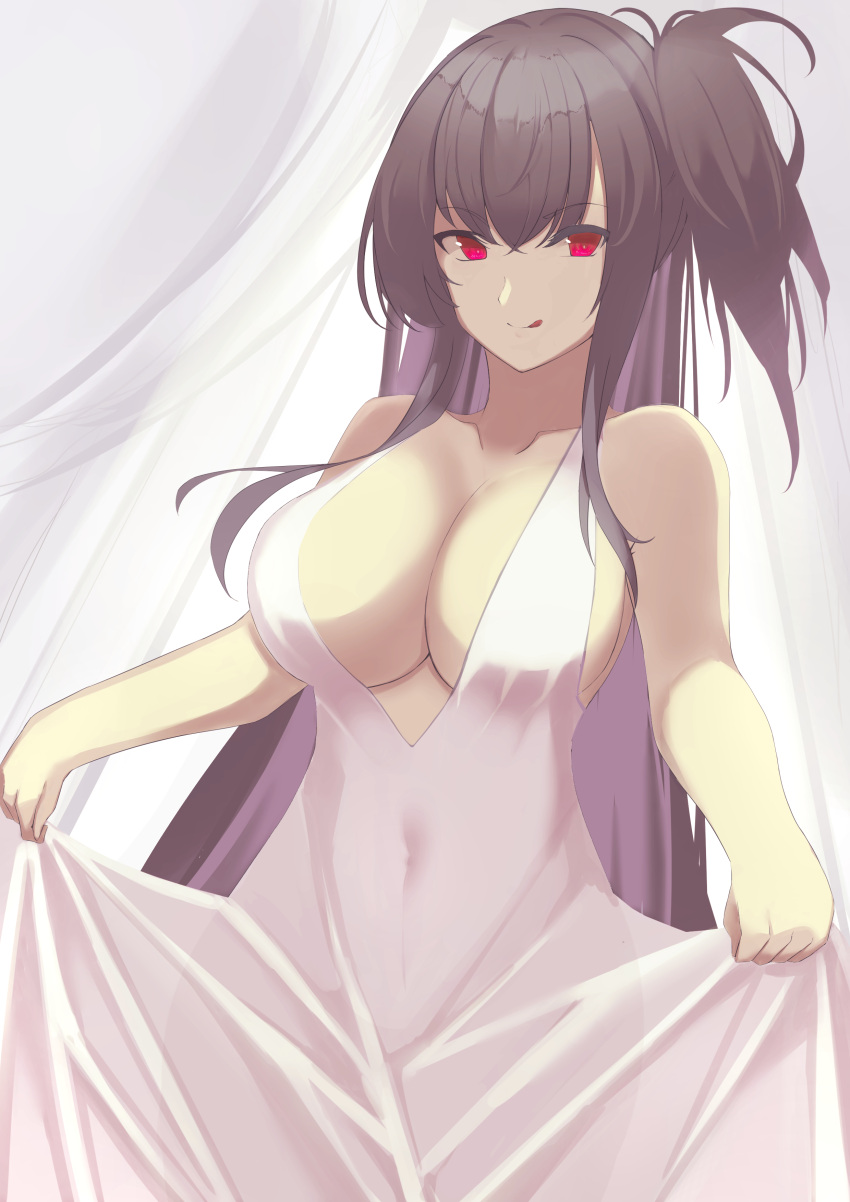 absurdres azur_lane bare_shoulders black_hair breasts cleavage collarbone commentary covered_navel dress female hair_between_eyes highres large_breasts long_hair official_alternate_costume one_side_up plunging_neckline red_eyes ref_(pmxt4483) see-through_silhouette sleeveless sleeveless_dress solo taihou_(azur_lane) taihou_(temptation_on_the_sea_breeze)_(azur_lane) tongue tongue_out upper_body very_long_hair wedding_dress white_dress