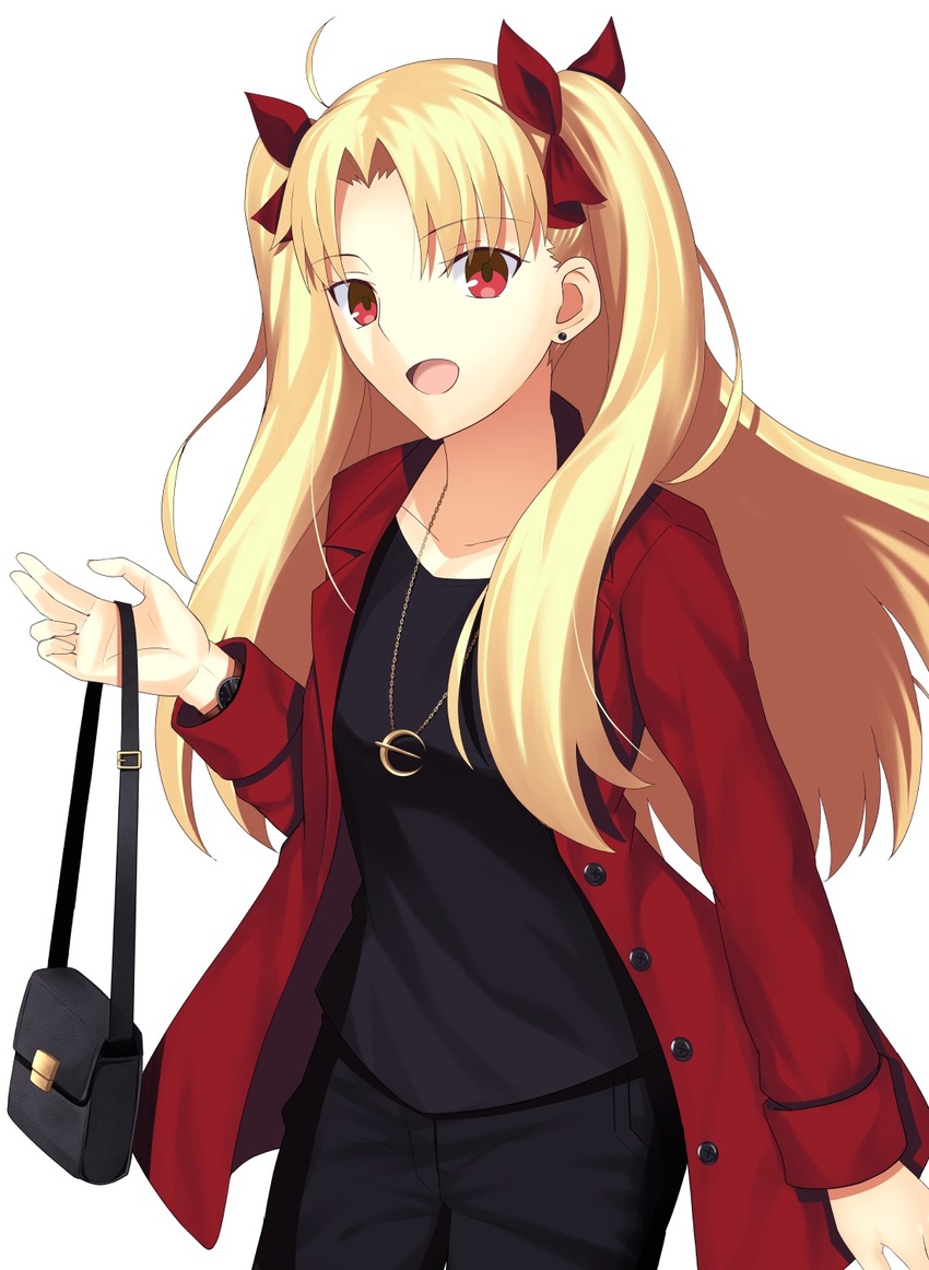 ahoge alternate_costume bag black_shirt blonde_hair bow collarbone contemporary earrings ereshkigal_(fate) fate/grand_order fate_(series) female hairbow handbag highres jacket jewelry long_hair mishiro_(ixtlolton) parody pendant red_eyes red_jacket shirt stud_earrings style_parody takeuchi_takashi_(style) watch white_background wristwatch