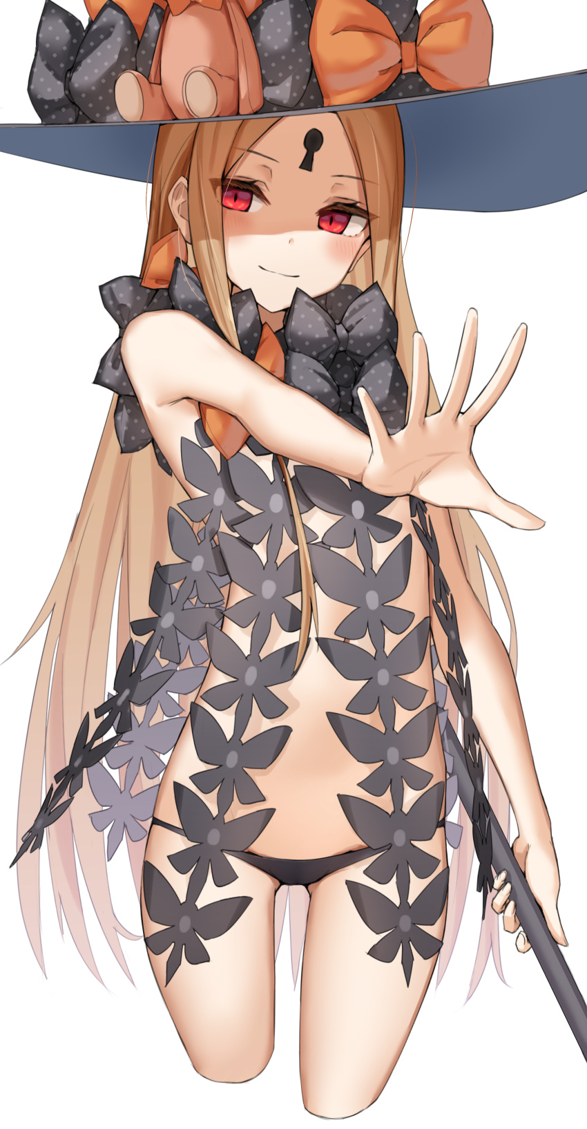 abigail_williams_(fate) abigail_williams_(second_ascension)_(fate) absurdres bare_shoulders black_bow black_hat black_panties blonde_hair blush bow breasts fate/grand_order fate_(series) female forehead hat hat_bow highres keyhole kopaka_(karda_nui) long_hair looking_at_viewer multiple_bows multiple_hat_bows navel orange_bow outstretched_arm panties parted_bangs polka_dot polka_dot_bow red_eyes revealing_clothes small_breasts smile solo staff thighs underwear witch_hat