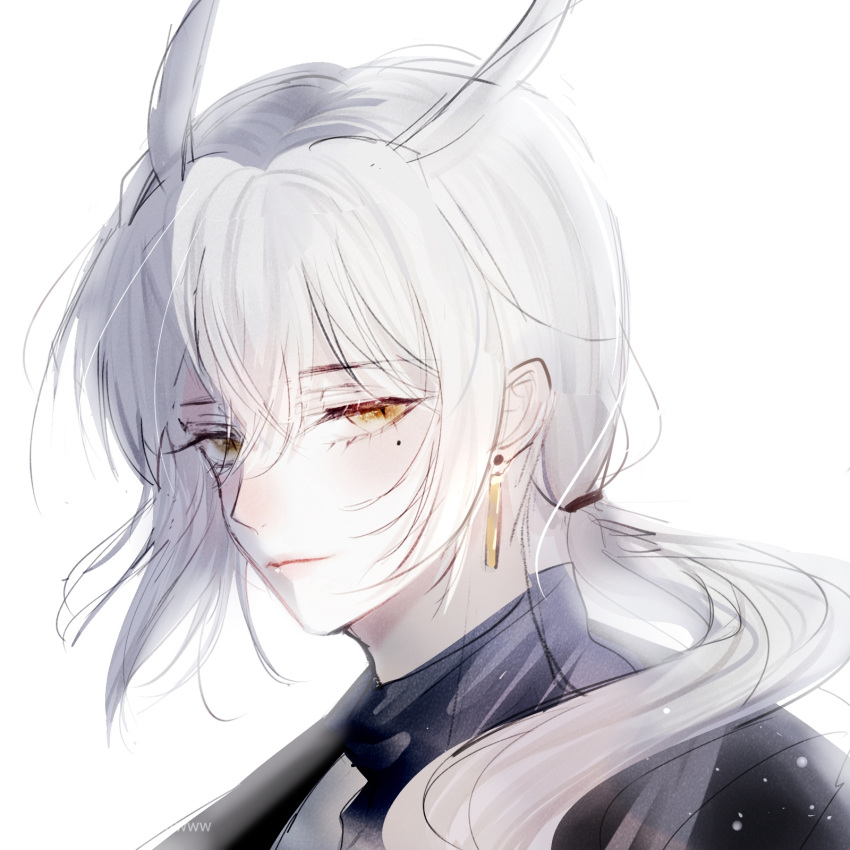 1boy earrings expressionless formal grey_hair hair_between_eyes highres jewelry light_smile looking_at_viewer male_focus mimizuku_(sky:_children_of_the_light) mole mole_under_eye pf-www ponytail portrait sidelocks simple_background sky:_children_of_the_light slit_pupils solo sparkle suit tassel tassel_earrings white_background white_hair