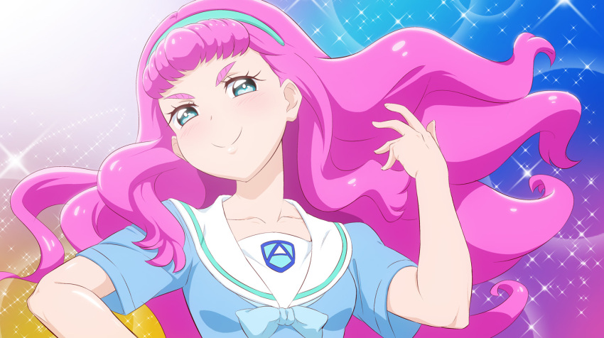 aozora_middle_school_uniform blue_eyes blue_hairband blue_shirt collarbone female fuchi_(nightmare) hairband laura_la_mer long_hair looking_at_viewer multicolored_background pink_hair precure sailor_collar school_uniform serafuku shirt short_sleeves smile solo tropical-rouge!_precure upper_body wavy_hair white_sailor_collar