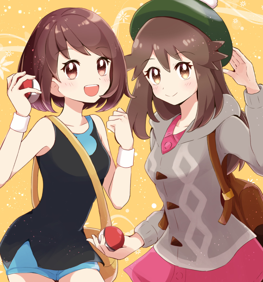 2girls :d backpack bad_id bad_twitter_id bag black_dress blush brown_bag brown_eyes brown_hair buttons cardigan collared_dress commentary_request cosplay costume_switch dress eyelashes gloria_(pokemon) green_(pokemon) green_headwear grey_cardigan hands_up haru_(haruxxe) hat highres holding holding_poke_ball hooded_cardigan long_hair multiple_girls open_mouth pink_dress poke_ball poke_ball_(basic) pokemon pokemon_lgpe pokemon_swsh short_dress sleeveless smile tam_o'_shanter teeth white_wristband