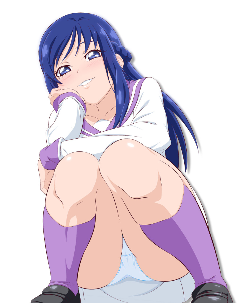 blue_eyes blue_hair collarbone dokidoki!_precure dress female fuchi_(nightmare) half_up_braid highres hishikawa_rikka kneehighs long_hair looking_at_viewer oogai_daiichi_middle_school_uniform panties pantyshot precure purple_sailor_collar purple_socks sailor_collar sailor_dress school_uniform simple_background smile socks solo squatting underwear white_background white_dress white_panties