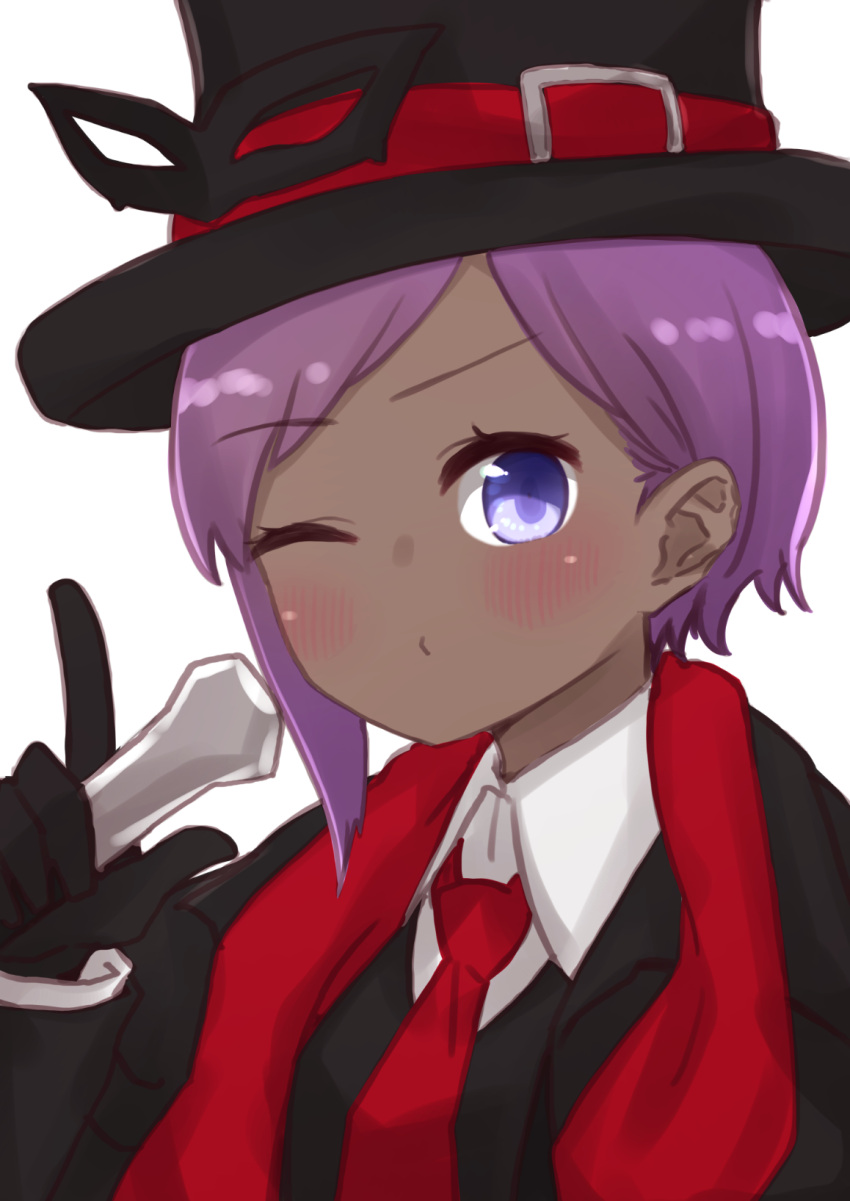 black_gloves black_hat black_jacket black_vest blush closed_mouth collared_shirt commentary_request dark-skinned_female dark_skin fate/prototype fate/prototype:_fragments_of_blue_and_silver fate_(series) female gloves hand_up hassan_of_serenity_(fate) hat highres holding i.u.y index_finger_raised jacket long_sleeves looking_at_viewer necktie one_eye_closed open_clothes open_jacket purple_eyes purple_hair red_necktie shirt simple_background solo swept_bangs top_hat upper_body very_dark_skin vest white_background white_shirt