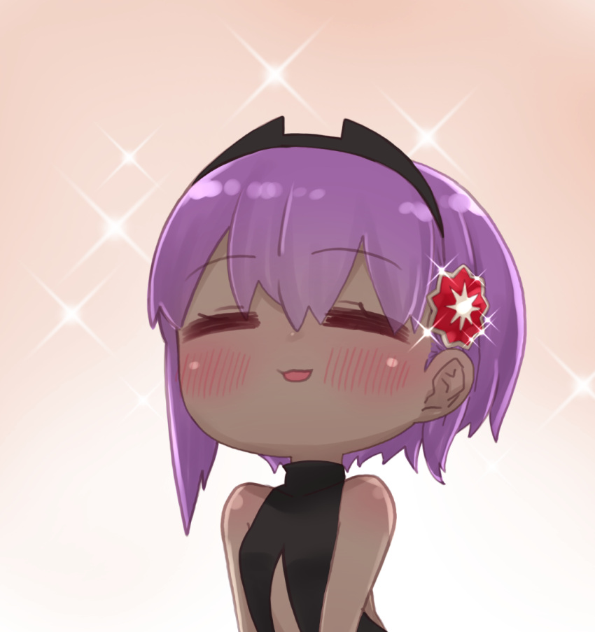 =_= bare_shoulders black_bodysuit blush bodysuit brown_background chibi closed_eyes commentary_request dark-skinned_female dark_skin facing_viewer fate/prototype fate/prototype:_fragments_of_blue_and_silver fate_(series) female glint gradient_background hair_between_eyes hassan_of_serenity_(fate) i.u.y purple_hair smile solo sparkle upper_body very_dark_skin white_background