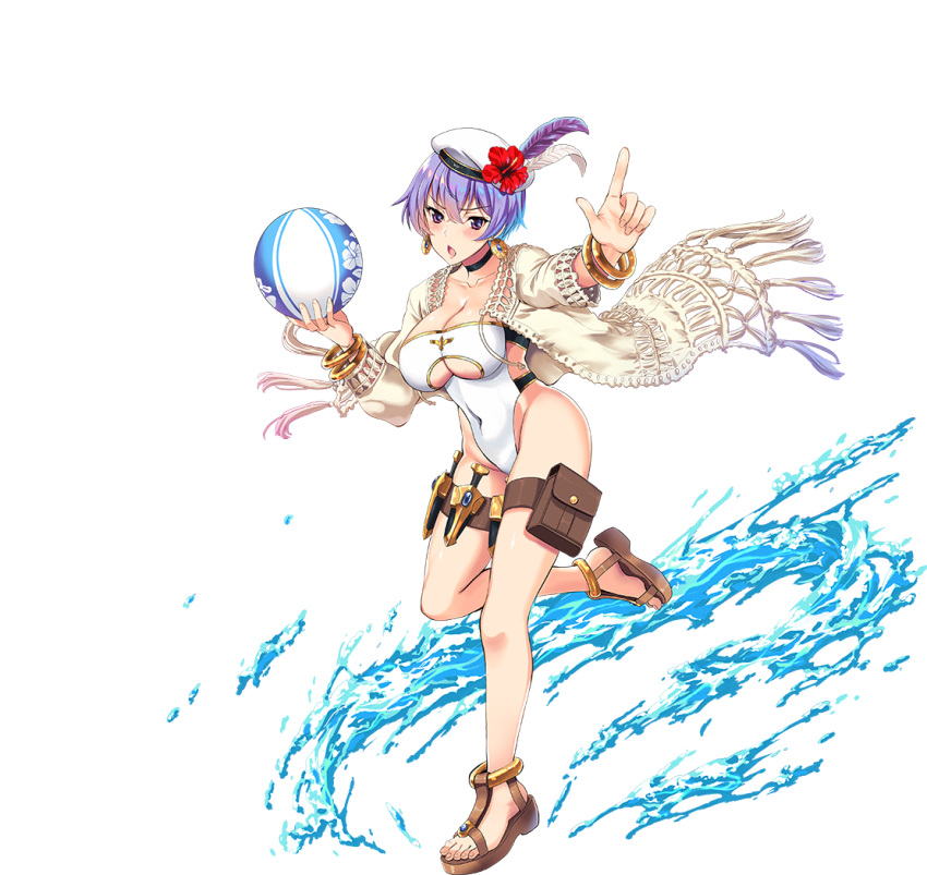 awakening_(sennen_sensou_aigis) ball beachball bracelet breasts choker cleavage clothing_cutout covered_navel earrings feathers female flower hair_between_eyes hat hat_feather hat_flower highleg highleg_swimsuit jewelry kunai large_breasts leona_(sennen_sensou_aigis) official_art one-piece_swimsuit platform_footwear pouch purple_eyes purple_hair sandals sennen_sensou_aigis solo swimsuit transparent_background underboob underboob_cutout water weapon