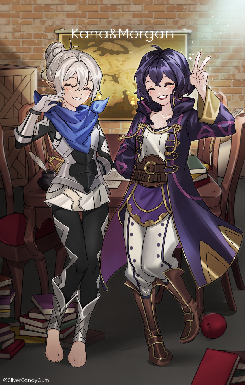 2girls absurdres apple armor barefoot black_hair blue_scarf book book_stack boots box chair character_name closed_eyes coat fire_emblem fire_emblem_awakening fire_emblem_fates food fruit grey_hair hair_bun highres kana_(female)_(fire_emblem) kana_(fire_emblem) map morgan_(female)_(fire_emblem) morgan_(fire_emblem) multiple_girls open_mouth pointy_ears scarf short_hair silvercandy_gum single_hair_bun smile table teeth upper_teeth_only v