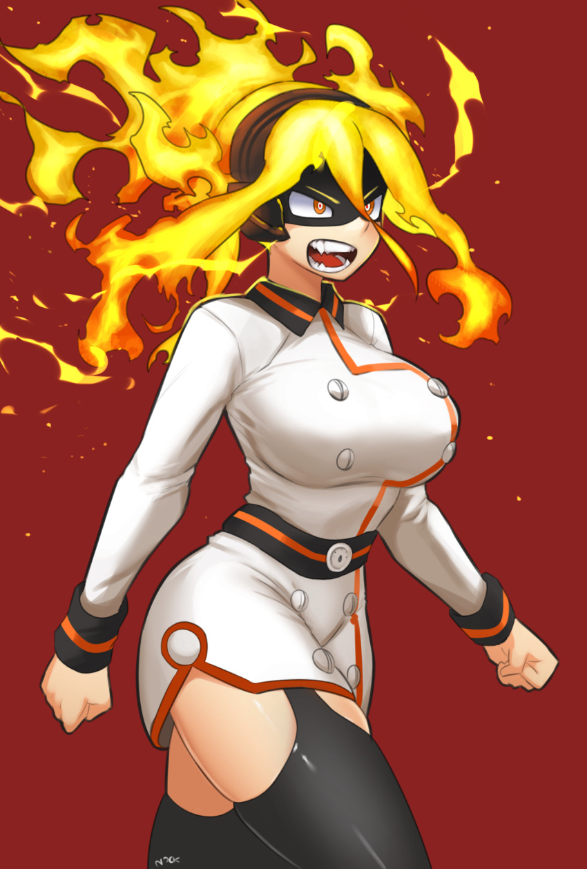 black_thighhighs boku_no_hero_academia breasts burnin_(boku_no_hero_academia) clenched_hands cowboy_shot domino_mask eye_mask fangs female fiery_hair highres large_breasts latex latex_legwear long_sleeves looking_afar mask military military_uniform nyxkz orange_eyes red_background red_pupils sidelocks simple_background skindentation solo teeth thighhighs uniform walking