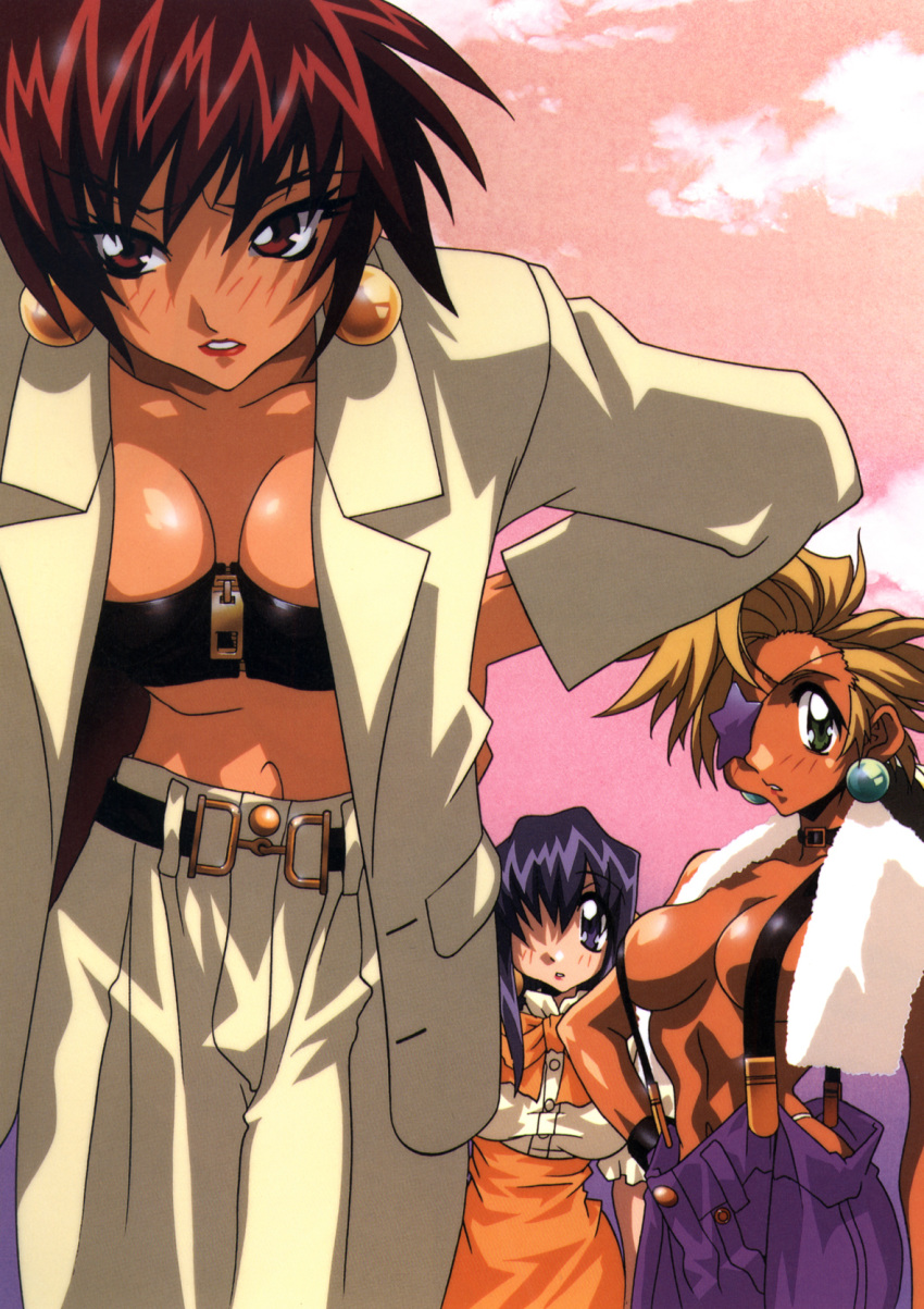 1990s_(style) 3girls black_eyes black_hair black_neckwear blonde_hair breasts casual choker crop_top dark-skinned_female dark_skin earrings green_eyes highres jacket jewelry kotobuki_tsukasa large_breasts lipstick long_hair loose_pants luchs makeup multiple_girls naked_suspenders non-web_source official_art open_clothes open_jacket panther_(saber_j) parted_lips photoshop_(medium) red_eyes red_hair red_lips retro_artstyle saber_marionette_j scan short_hair star_eyepatch suspenders tiger_(saber_j) towel towel_around_neck