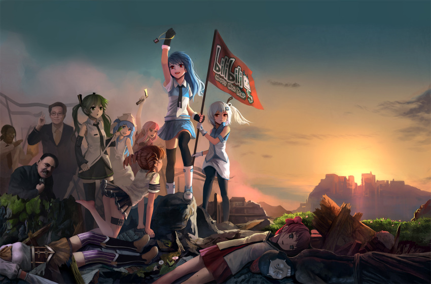 4boys 6+girls adolf_hitler african_(jinkela) akaza_akari all_fours aqua_hair arm_up armband ass axe bad_id bad_pixiv_id bare_shoulders barefoot bili_girl_22 bili_girl_33 bilibili black_hair black_pantyhose black_thighhighs blue_eyes blue_hair boots bow brown_hair corpse crossover dark_skin der_untergang detached_sleeves drill_hair empty_eyes facial_hair fate/stay_night fate_(series) fine_art_parody fingerless_gloves flag flower gasai_yuno ge_ping glasses gloves green_eyes green_hair hair_bun hair_ornament hair_ribbon hairbow happy_new_year hassan_of_the_cursed_arm_(fate) hat hatchet_(axe) hatsune_miku head_out_of_frame highres holding holding_flag holster ikamusume jinkela liberty_leading_the_people logo long_hair lu_ying lying mahou_shoujo_madoka_magica mahou_shoujo_madoka_magica_(anime) mami_mogu_mogu mirai_nikki moustache multiple_boys multiple_crossover multiple_girls nanamori_school_uniform necktie new_year no_panties on_back open_mouth outdoors pantyhose parody parted_lips photoshop_(medium) pink_eyes pink_hair purple_legwear real_life real_life_insert red_eyes red_hair red_skirt ribbon school_uniform serafuku shinryaku!_ikamusume shirai_kuroko siblings side_ponytail sidelocks single_hair_bun sisters skirt sky spring_onion sunset teeth television thigh_holster thighhighs toaru_kagaku_no_railgun toaru_majutsu_no_index tokiwadai_school_uniform tomoe_mami toothbrush_mustache twintails v very_long_hair vocaloid voice_actor weapon white_hair yuru_yuri zettai_ryouiki