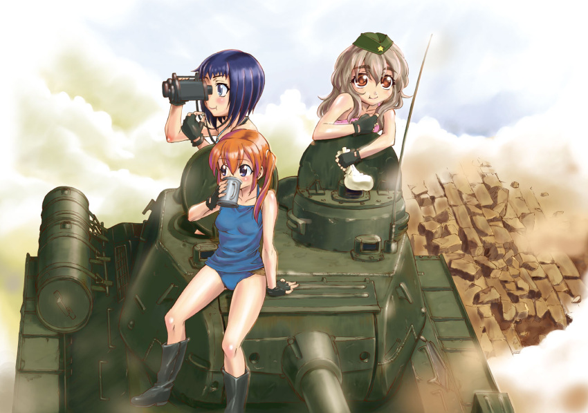 3girls :t arm_support bare_shoulders binoculars black_eyes black_hair blonde_hair boots brick brown_hair cattier_vanova commentary_request cup drinking eating efrosinya_primakov fingerless_gloves garrison_cap gloves green_eyes hat long_hair military military_vehicle motor_vehicle mug multiple_girls nadezhda_arensonevna_varova on_vehicle orange_eyes outdoors sack saitaniya_ryouichi short_hair smoke sore_ike!_russia_joshi_sensha_shoutai t-34 tank twintails world_war_ii