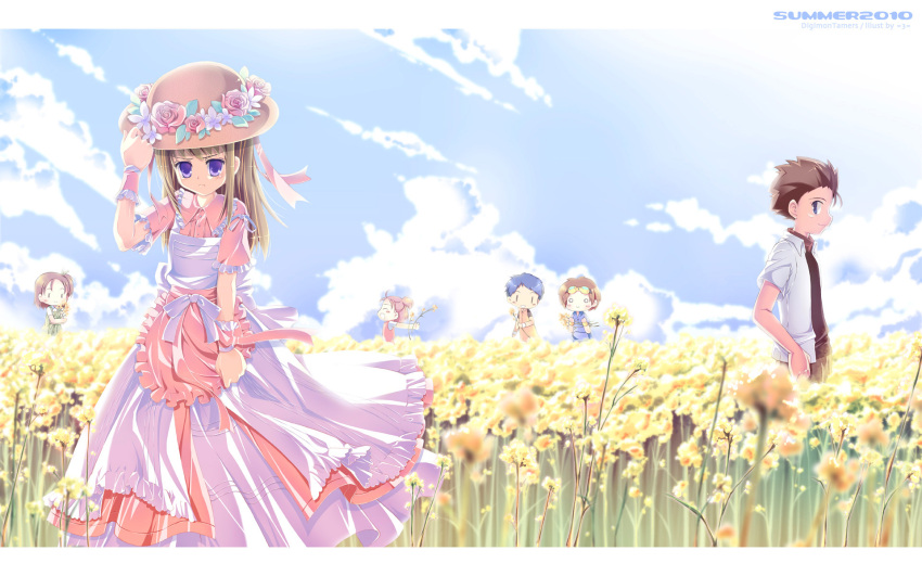 3boys 3girls :> =3= akiyama_ryo bad_id bad_pixiv_id blurry brown_hair chibi cloud day depth_of_field digimon digimon_tamers dress embarrassed field flower flower_field frilled_sleeves frills hair_down hand_on_headwear hand_up hat hat_flower highres katou_juri lee_jianliang lee_shaochung long_dress makino_ruki matsuda_takato multiple_boys multiple_girls o_o outdoors photoshop_(medium) pink_dress pink_flower pink_rose profile purple_eyes rose sky sunlight wrist_cuffs |_|