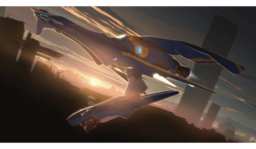 city commentary_request einhander flying highres i-iv_(longman) mecha no_humans partial_commentary photoshop_(medium) realistic robot science_fiction spacecraft sun sunrise