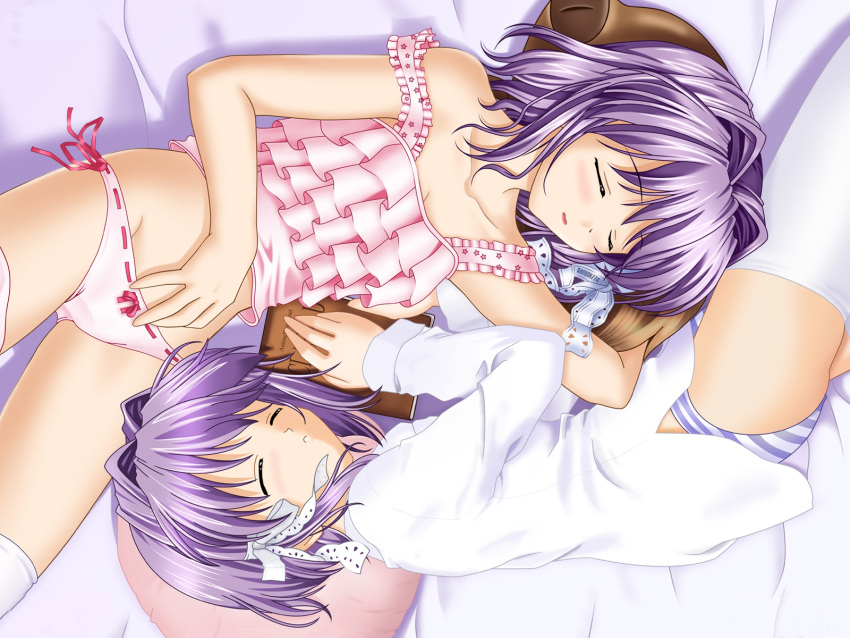 2girls bed blush clannad fujibayashi_kyou fujibayashi_ryou igul panties pillow purple_hair ribbons short_hair striped_panties thigh-highs twins underwear