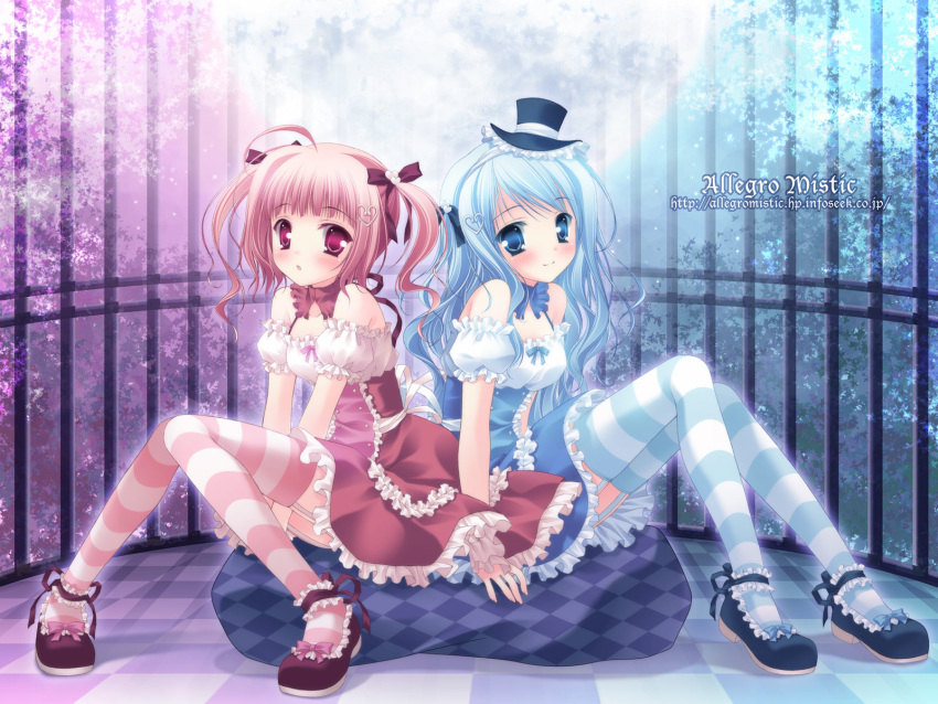 1600x1200 2girls akane_(artist) allegro_mistic blue_eyes blue_hair checkerboard checkered garter_belt hair_ribbon hair_ribbons hat highres lolita_fashion long_hair multiple_girls pink_hair red_eyes ribbon ribbons sitting takano_yuki_(allegro_mistic) thigh-highs thighhighs twintails wallpaper zettai_ryouiki