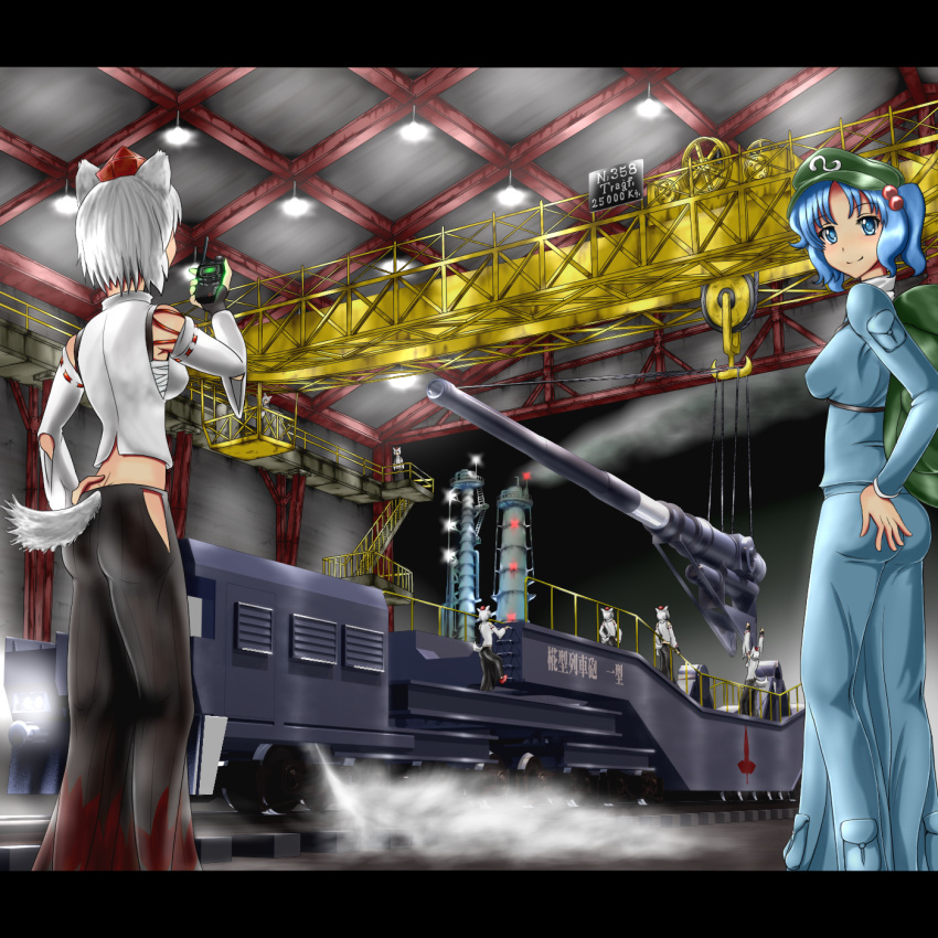 2girls animal_ears backpack bag blue_eyes blue_hair cannon clone commentary_request crane_(machine) detached_sleeves factory german_text gun hair_bobbles hair_ornament hand_on_own_hip hat highres inubashiri_momiji kawashiro_nitori letterboxed military multiple_girls railway_gun smoke tail tokin_hat touhou train translated twintails u.s.m.c weapon white_hair wolf_ears wolf_tail wolf_tengu_extra_(touhou)