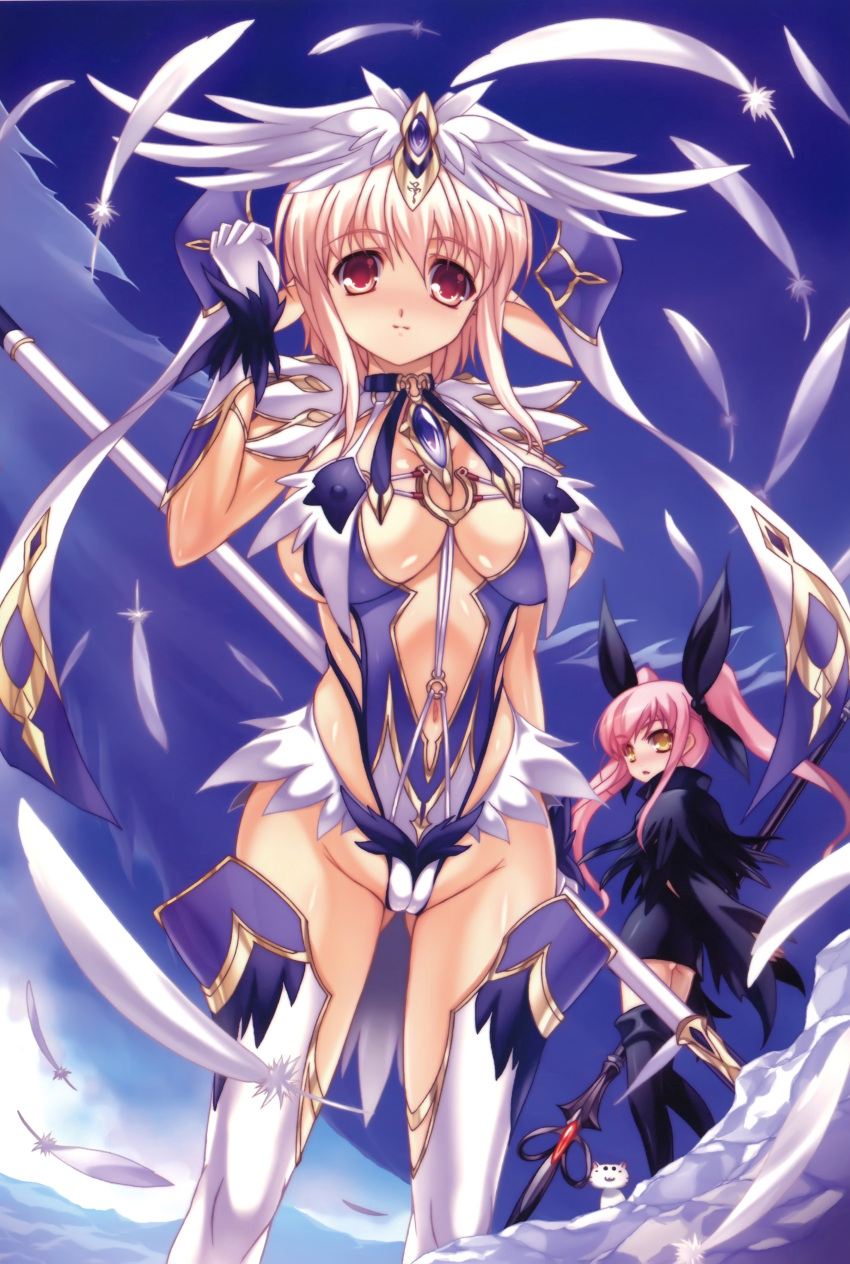 absurdres blonde_hair bow breasts covered_nipples destiny_(ishida) feathers feline gloves hairbow headdress highres ishida_hiroyuki large_breasts multiple_girls navel original pink_hair pointy_ears polearm red_eyes spear thighhighs twintails weapon yellow_eyes