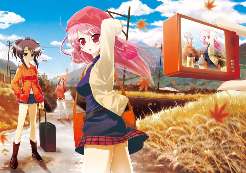 3girls bag bird blue_eyes boots camera cloud commentary_request day hand_in_pocket hat kamishima_mihori kikuno_mira kuromine_koyuki leaf maple_leaf mountain multiple_girls original outdoors path pink_eyes pink_hair porurin power_lines road shiori_series sky taking_picture waving wheat_field wind