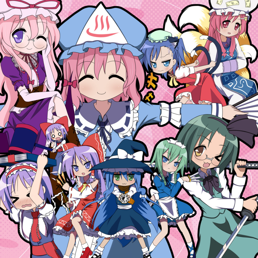 6+girls absurdres alice_margatroid alice_margatroid_(cosplay) chen chen_(cosplay) commentary_request cosplay crossover endou_aya hakurei_reimu hakurei_reimu_(cosplay) highres hiiragi_kagami hiiragi_tsukasa iwasaki_minami izayoi_sakuya izayoi_sakuya_(cosplay) izumi_konata kirisame_marisa kirisame_marisa_(cosplay) konpaku_youmu konpaku_youmu_(cosplay) long_hair lucky_star miyakawa-ke_no_kuufuku miyakawa_hikage miyakawa_hinata multiple_girls narumi_yui one_eye_closed perfect_cherry_blossom photoshop_(medium) saigyouji_yuyuko saigyouji_yuyuko_(cosplay) sphere_(graham) takara_miyuki takara_yukari touhou voice_actor_connection yakumo_ran yakumo_ran_(cosplay) yakumo_yukari yakumo_yukari_(cosplay)