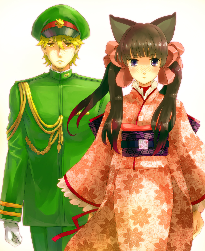 1boy agemaki_kei animal_ears black_hair blonde_hair blush bow commentary_request female floral_print fox_ears gloves hair_ribbon hairbow hat highres japanese_clothes kimono long_hair military military_uniform obi otome_youkai_zakuro owarine_miku peaked_cap pink_bow purple_eyes ribbon sash twintails uniform yellow_eyes zakuro_(otome_youkai_zakuro)