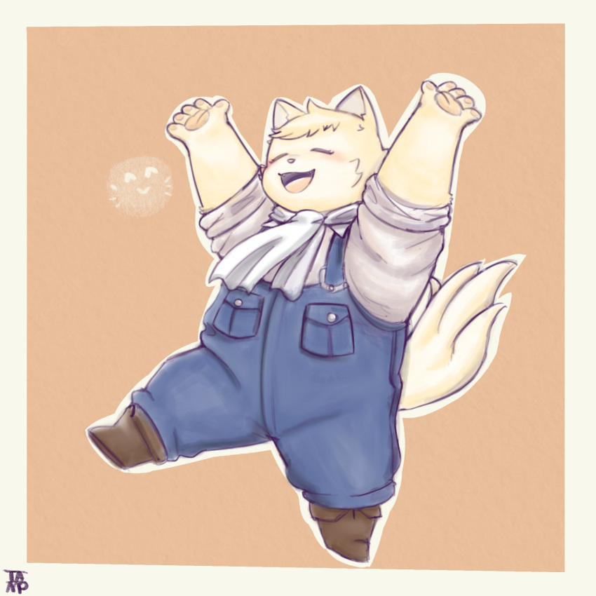 1:1 2021 anthro blush boron_brioche closed_eyes clothing cyberconnect2 domestic_cat felid feline felineko felis fuga:_melodies_of_steel hi_res humanoid_hands kemono little_tail_bronx male mammal overalls overweight overweight_male popolipo00 shirt simple_background solo topwear young