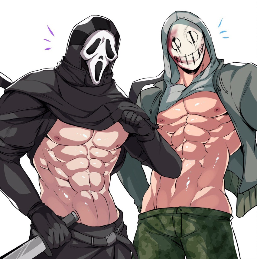 2boys abs bad_id bad_twitter_id bara bare_pectorals black_gloves black_pants blood blood_on_mask chan_kuro_(azsdi4e) clothes_lift dead_by_daylight ghostface gloves green_pants grey_jacket highres holding holding_knife holding_weapon hood hood_up hoodie jacket knife large_pectorals male_focus mask multiple_boys muscular muscular_male navel nipples open_clothes open_jacket pants pectorals scream_(movie) the_legion_(dead_by_daylight) weapon