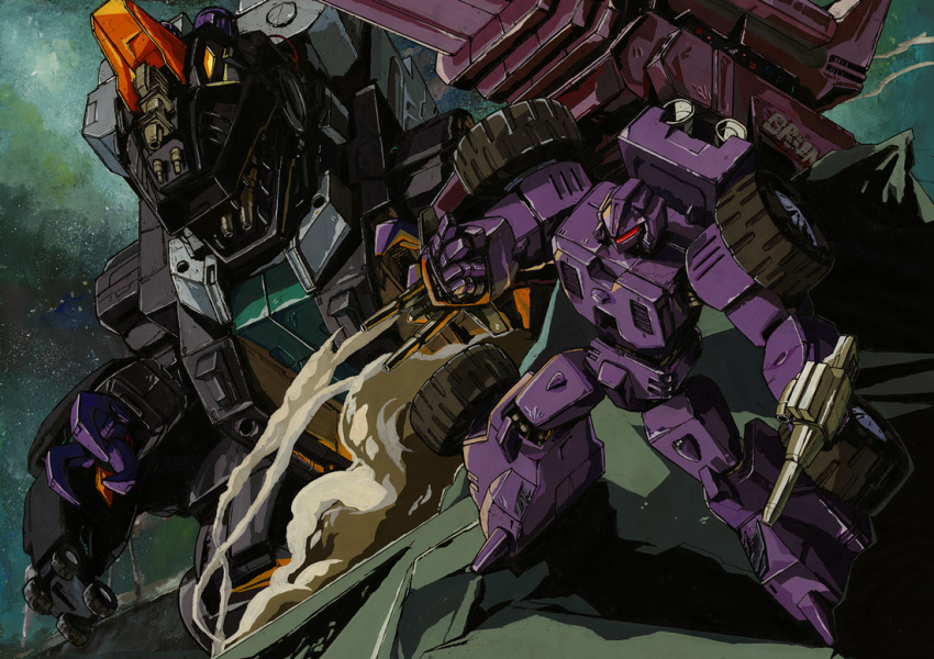 1980s_(style) cannon claws clenched_hand debris decepticon dinosaur full-tilt holding holding_weapon marble-v mecha non-humanoid_robot orange_eyes red_eyes retro_artstyle robot robot_animal sharp_teeth smoke space teeth tire transformers transformers:_generation_1 trypticon weapon