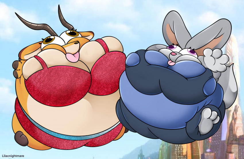 2021 antelope anthro belly belly_expansion belly_inflation big_belly big_breasts blue_clothing body_inflation bovid breast_expansion breasts brown_eyes bulging_eyes clothing digital_drawing_(artwork) digital_media_(artwork) disney duo expansion eye_expansion eye_inflation female female/female floating gazelle gazelle_(zootopia) grey_body horn huge_belly huge_breasts hyper hyper_belly hyper_breasts hyper_eyes immobile inflation inflation_fetish judy_hopps lagomorph leporid mammal moonlightbell pink_eyes rabbit red_clothing shaded sparkles sparkling_clothing tan_body tongue tongue_out uber_inflation zootopia