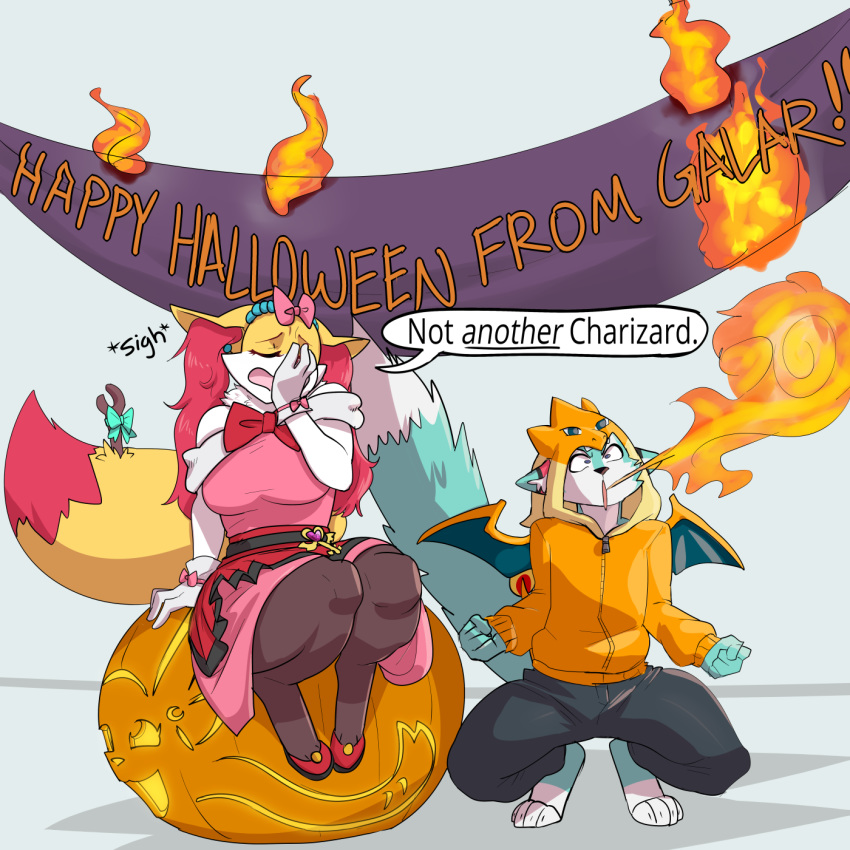 1:1 2019 6my anthro banner blue_body blue_fur bottomwear braixen braixrena breasts breath_powers canid canine charizard clothing cosplay countershading crouching dialogue digital_media_(artwork) dipstick_tail dress duo elemental_manipulation english_text facepalm fan_character female fire fire_breathing fire_manipulation food footwear fox fruit fur generation_1_pokemon generation_6_pokemon gloves halloween handwear headgear headwear hi_res high_heels holidays hoodie inner_ear_fluff legwear male mammal markings multicolored_tail nintendo open_mouth pants plant pokemon pokemon_(species) pokemon_trainer pumpkin ribbons roflfox seraphine_(roflfox) serena_(pokemon) shoes sitting speech_bubble stick stockings tail tail_markings text topwear tuft white_body white_fur yellow_body yellow_fur