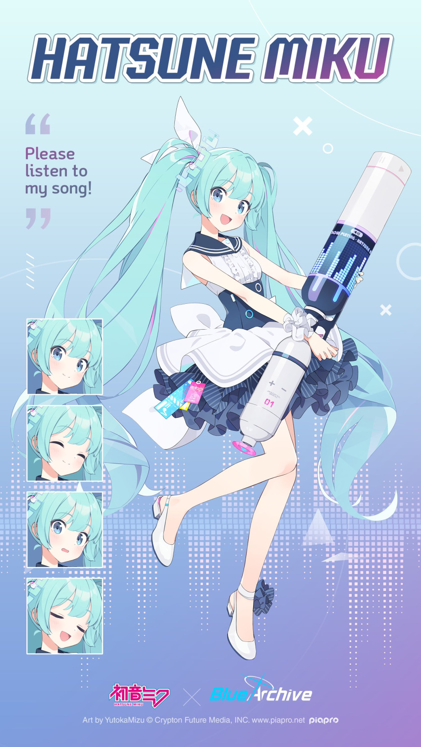 absurdres blue_archive blue_eyes blue_hair breasts character_name closed_eyes closed_mouth commentary crossover dress emoji english_commentary english_text expressions female full_body hatsune_miku highres layered_dress light_blue_hair long_hair looking_at_viewer multiple_views official_art open_mouth school_uniform small_breasts smile standing standing_on_one_leg twintails very_long_hair vocaloid white_dress white_footwear yutokamizu