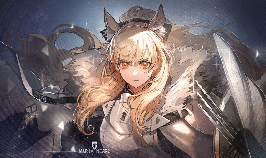 animal_ear_fluff animal_ears arknights armor blemishine_(arknights) blonde_hair blue_background breastplate capelet character_name cloak closed_mouth commentary_request female fur-trimmed_armor fur_trim horse_ears kingdom_of_kazimierz_logo long_hair looking_ahead ryuuzaki_ichi solo upper_body yellow_eyes