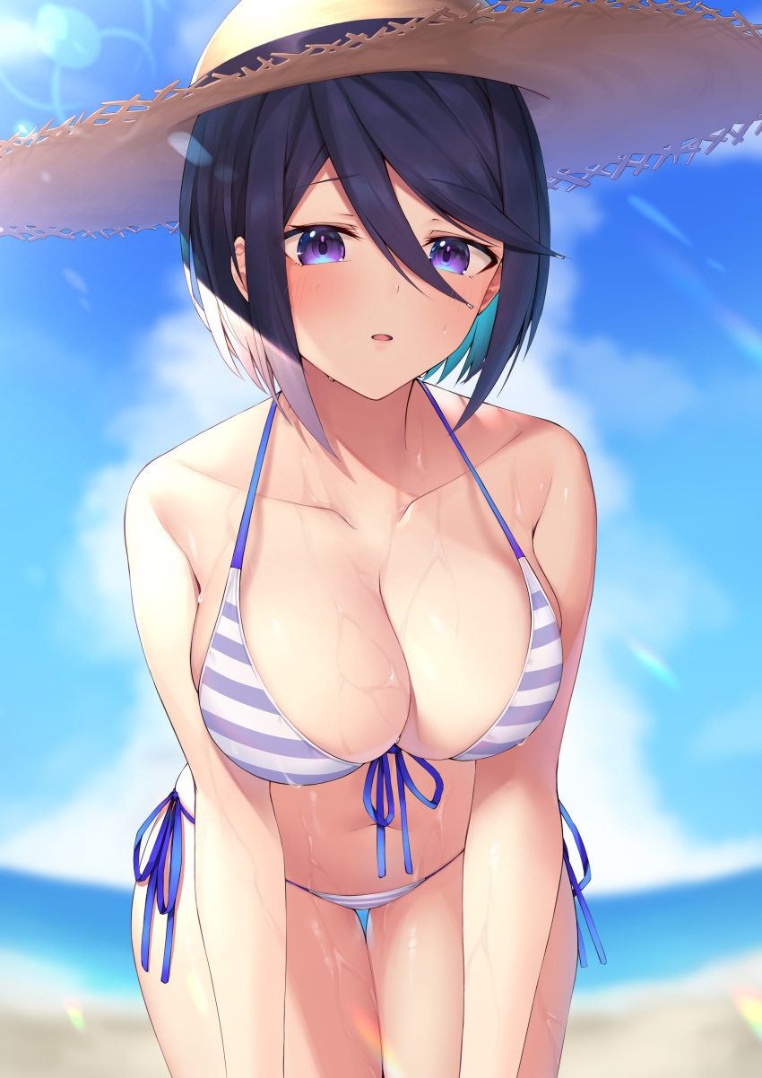 absurdres bad_id bad_pixiv_id bare_arms bent_over bikini breasts cleavage collarbone commentary_request cowboy_shot day female hair_between_eyes halterneck hat highres large_breasts looking_at_viewer niyun_(n_niyu) open_mouth outdoors purple_eyes ribbon senki_zesshou_symphogear short_hair side-tie_bikini_bottom skindentation solo straw_hat string_bikini striped_bikini striped_clothes sun_hat swimsuit thigh_gap tomosato_aoi wet