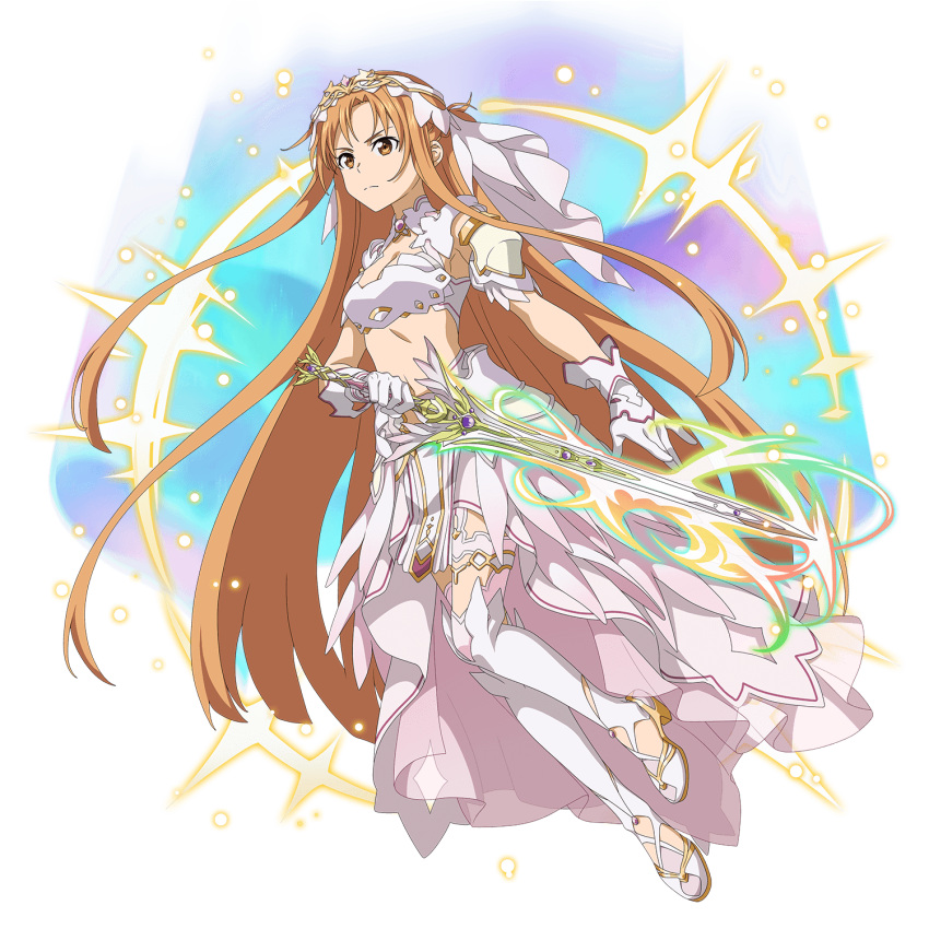 armor asuna_(sao) asuna_(stacia) bra breasts brown_eyes brown_hair cleavage closed_mouth diadem energy faulds female floating_hair frown full_body gloves glowing glowing_sword glowing_weapon highres holding holding_sword holding_weapon long_hair magic medium_breasts midriff non-web_source official_art radiant_light rapier shoulder_armor skirt solo stomach sword sword_art_online sword_art_online:_alicization sword_art_online:_alicization_-_war_of_underworld sword_art_online:_memory_defrag thighhighs transparent_background underwear very_long_hair weapon white_armor white_bra white_gloves white_skirt white_thighhighs