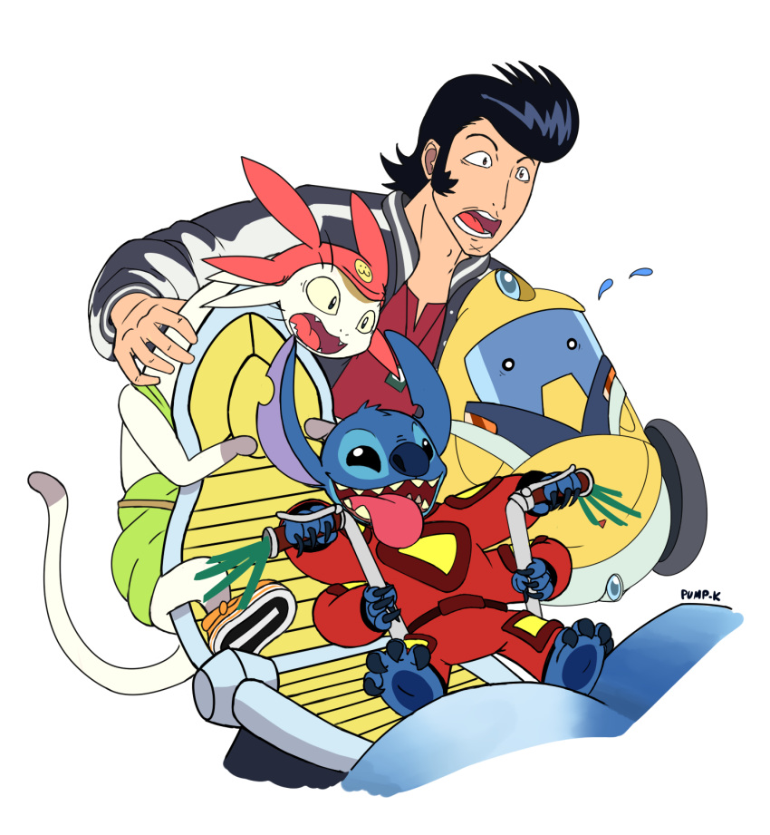 2014 4_arms 4_fingers 4_toes 5_fingers alien betelgeusian black_eyes black_hair blue_body blue_claws blue_fur blue_nose blue_pawpads bodily_fluids chair claws clothed clothing crossover dandy_(space_dandy) dipstick_tail disney experiment_(lilo_and_stitch) feet feral fingers fur furniture group hair head_tuft hi_res human lilo_and_stitch machine male mammal markings meow_(space_dandy) multi_arm multi_limb open_mouth open_smile pawpads pumpsketch_(artist) qt_(space_dandy) red_clothing robot scared signature simple_background smile space_dandy spacesuit stitch_(lilo_and_stitch) sweat tail tail_markings toes tuft white_background