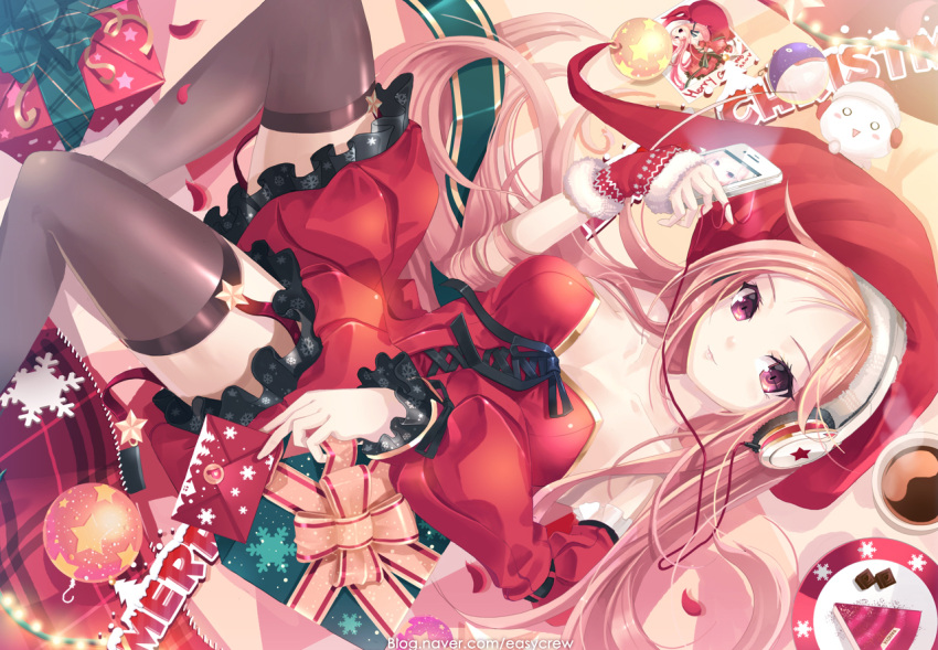 christmas dress easy_(easycrew) hat headphones ipod lucia pangya pink_eyes thighhighs