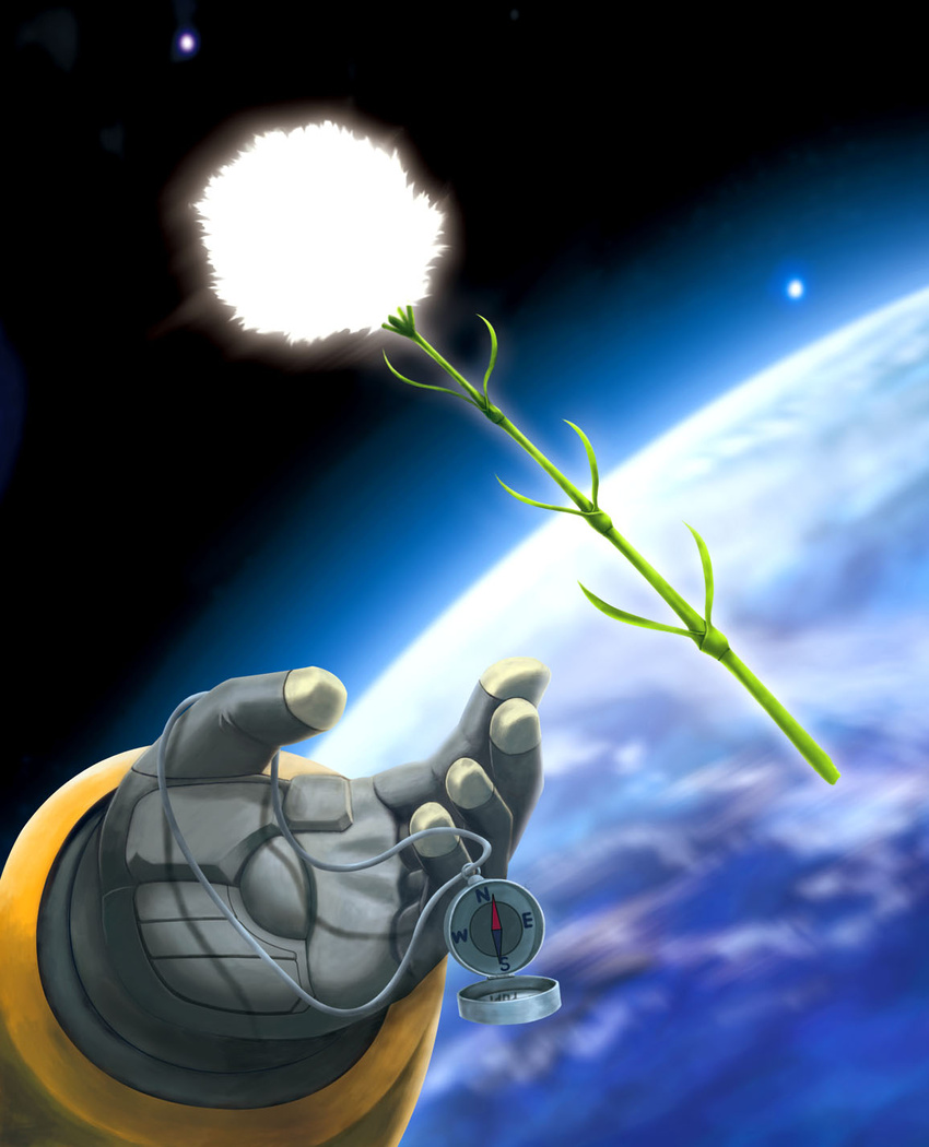 bad_id bad_pixiv_id compass earth_(planet) flower gloves hands highres hiro_(hibikigaro) photoshop_(medium) planet planetes science_fiction solo space spacesuit star_(symbol) yuri_mihairokov zero_gravity