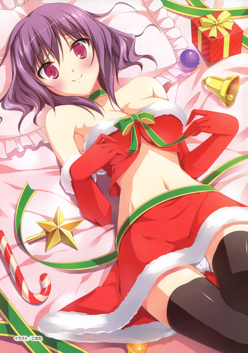 absurdres amamiya_amane bare_shoulders black_legwear blush bow breasts bustier choker christmas cleavage copyright_request elbow_gloves female fortissimo//akkord:bsusvier fortissimo_exs//akkord:naechsten_phase gift gloves highres konata_(artist) large_breasts lying midriff mogami_noa navel ornament panties purple_eyes purple_hair red_gloves ribbon smile solo source_request thighhighs underwear white_panties