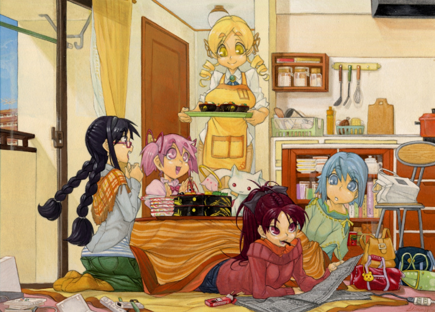 5girls acrylic_paint_(medium) akemi_homura alternate_costume apron bad_id bad_pixiv_id bag black_hair blonde_hair blue_eyes blue_hair bow braid casual colored_pencil_(medium) controller denim dress_shirt drill_hair everyone food game_console game_controller glasses hairbow happy indoors kaname_madoka kotatsu kyuubee living_room long_hair lying mahou_shoujo_madoka_magica mahou_shoujo_madoka_magica_(anime) mamorunokoto miki_sayaka mouth_hold multiple_girls newspaper on_stomach open_mouth orange_legwear painting_(medium) pantyhose pink_eyes pink_theme pocky ponytail purple_eyes red_eyes red_hair sakura_kyoko school_bag shawl shirt sitting sleeves_rolled_up smile standing striped_clothes striped_shirt sweater_vest table tomoe_mami traditional_media tray twin_braids twin_drills twintails under_kotatsu under_the_table wii wii_remote yellow_eyes