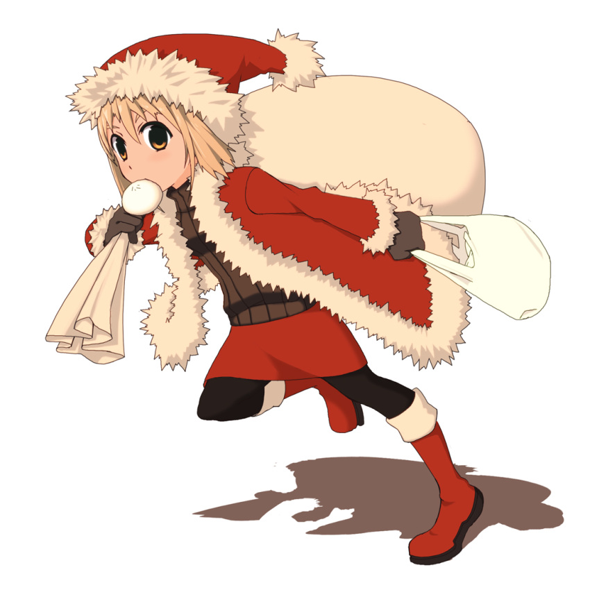 aroha_j bad_id bad_pixiv_id bag baozi boots christmas copyright_request female food hat mouth_hold pantyhose photoshop_(medium) sack santa_costume santa_hat solo