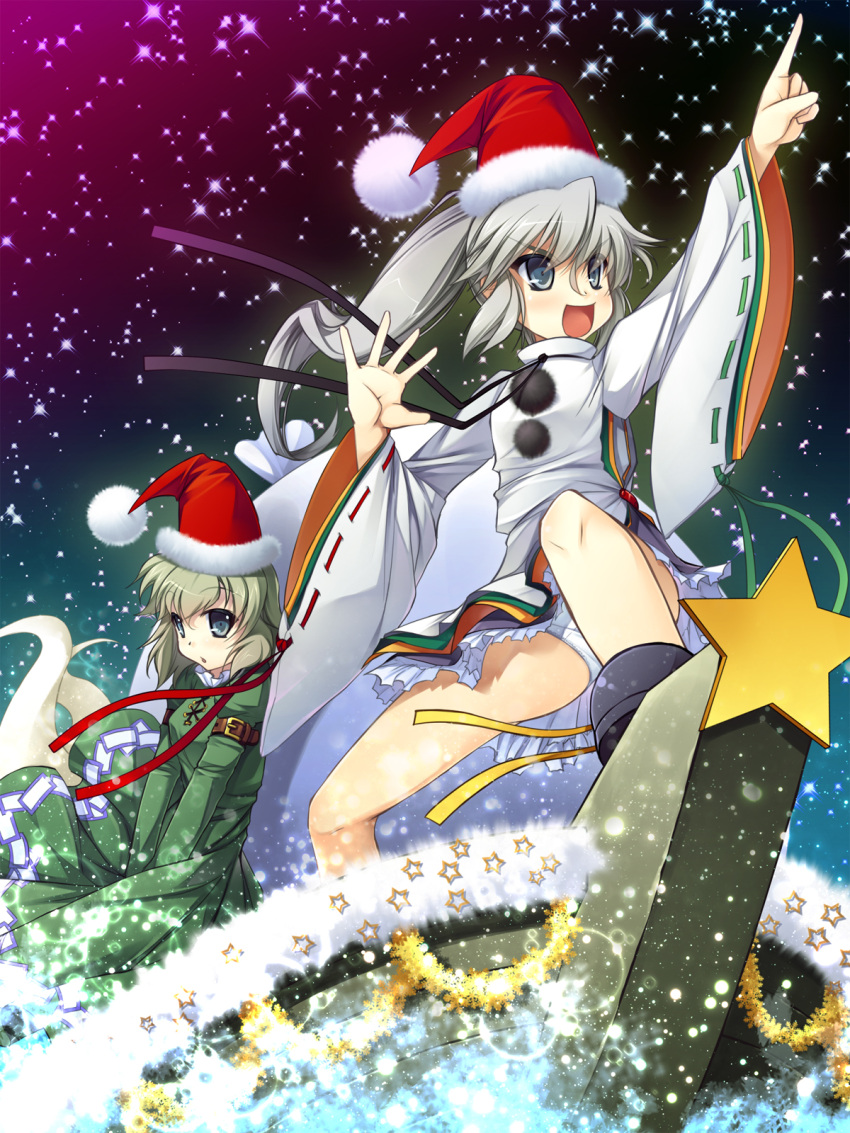 2girls :d :o alternate_headwear arm_garter bare_legs belt blue_eyes blush boat chima_q christmas commentary_request decorations dress ghost_tail green_dress green_hair grey_hair hat highres japanese_clothes kariginu long_sleeves mononobe_no_futo multiple_girls multiple_tails night night_sky open_mouth outstretched_hand panties pantyshot photoshop_(medium) pointing pointing_up pom_pom_(clothes) ponytail sack santa_hat short_hair sky smile soga_no_tojiko star_(sky) star_(symbol) starry_sky tail touhou underwear water watercraft white_panties wide_sleeves