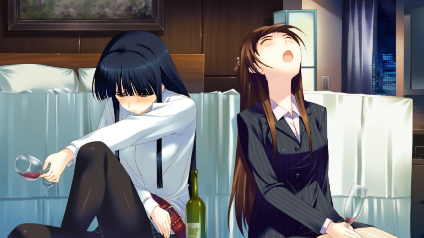 2girls alcohol belt black_hair black_legwear blue_eyes blunt_bangs brown_hair business_suit closed_eyes cup drinking_glass drunk formal game_cg hotel_room long_hair multiple_girls nakamura_takeshi office_lady ogiso_setsuna pantyhose sidelocks suit touma_kazusa twintails two_side_up white_album_(series) white_album_2 wine wine_glass