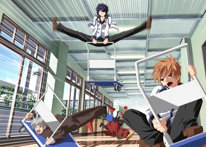 4boys :< black_hair black_pants blonde_hair brown_footwear brown_shorts ceiling commentary_request day emphasis_lines esaka_shugen eyepatch facial_hair floor formal hallway hood indoors jacket k3_(dolphin_brain) kazamatsuri_institute_high_school_uniform knees_up long_sleeves midou_(rewrite) monocle monocle_chain motion_blur moustache multiple_boys old old_man ootori_sakuya pants plant planter platform_truck racing red_eyes rewrite school_uniform shirt shorts sitting sky sliding_doors spread_legs suit tennouji_kotarou traffic_cone tripping white_jacket white_shirt