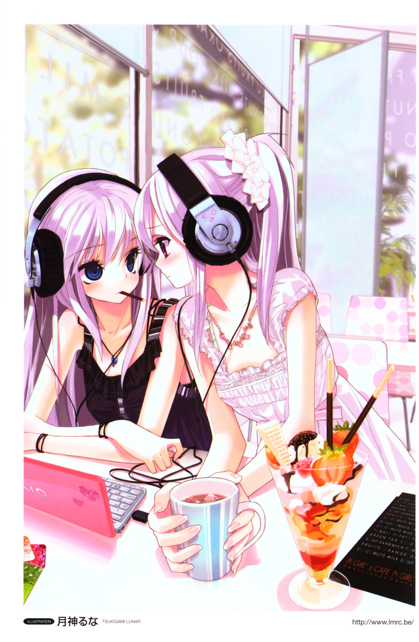 2girls absurdres blue_eyes computer cup dress food headphones highres ice_cream laptop multiple_girls original parfait pocky purple_eyes scan sony sundress teacup tsukigami_runa vaio